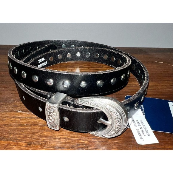Ceinture En Cuir Italien Skinny Noir & Marron Avec Fleur - Taille Unique - Neuf Sans étiquette